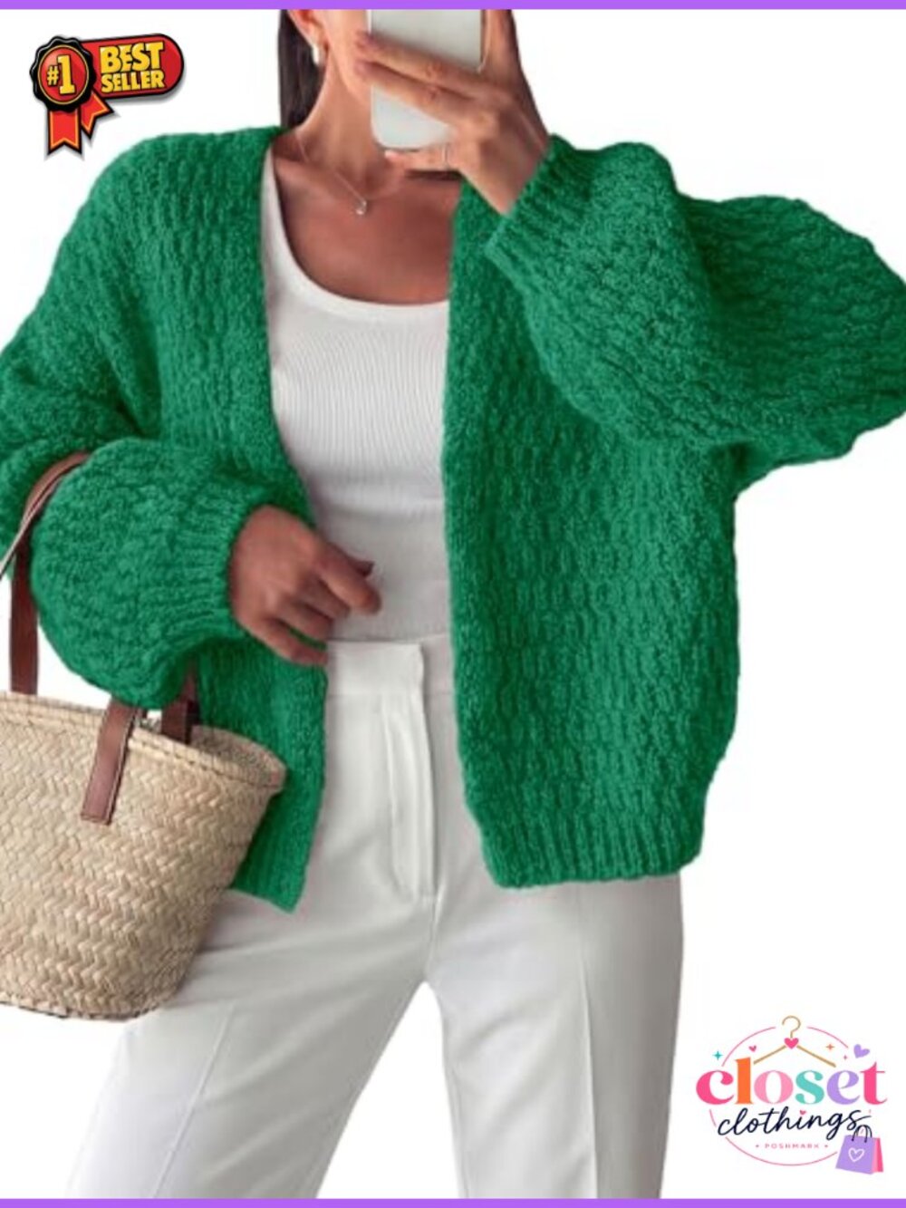 Chunky Knit Open Front Cardigan Lantern Sleeve Loose Fit Sweater